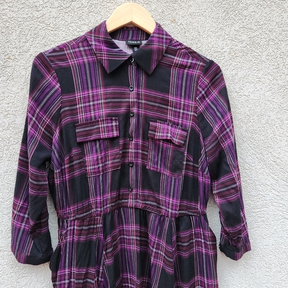 Torrid Dress Women's 00 Medium Purple Black Plaid Long Sleeve Challis No Belt - Picture 2 of 10